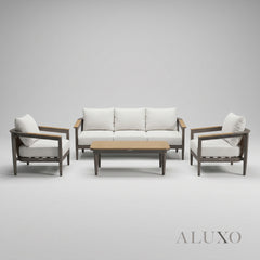 (PRE-ORDER) ALUXO® Hemera 5-Seater Luxury Lounge Set – Truffle Aluminium & PS Wood Slat Table