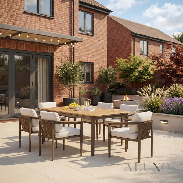 ALUXO® Hemera 6-Seater Luxury Dining Set – Truffle Aluminium & PS Wood Slat Table