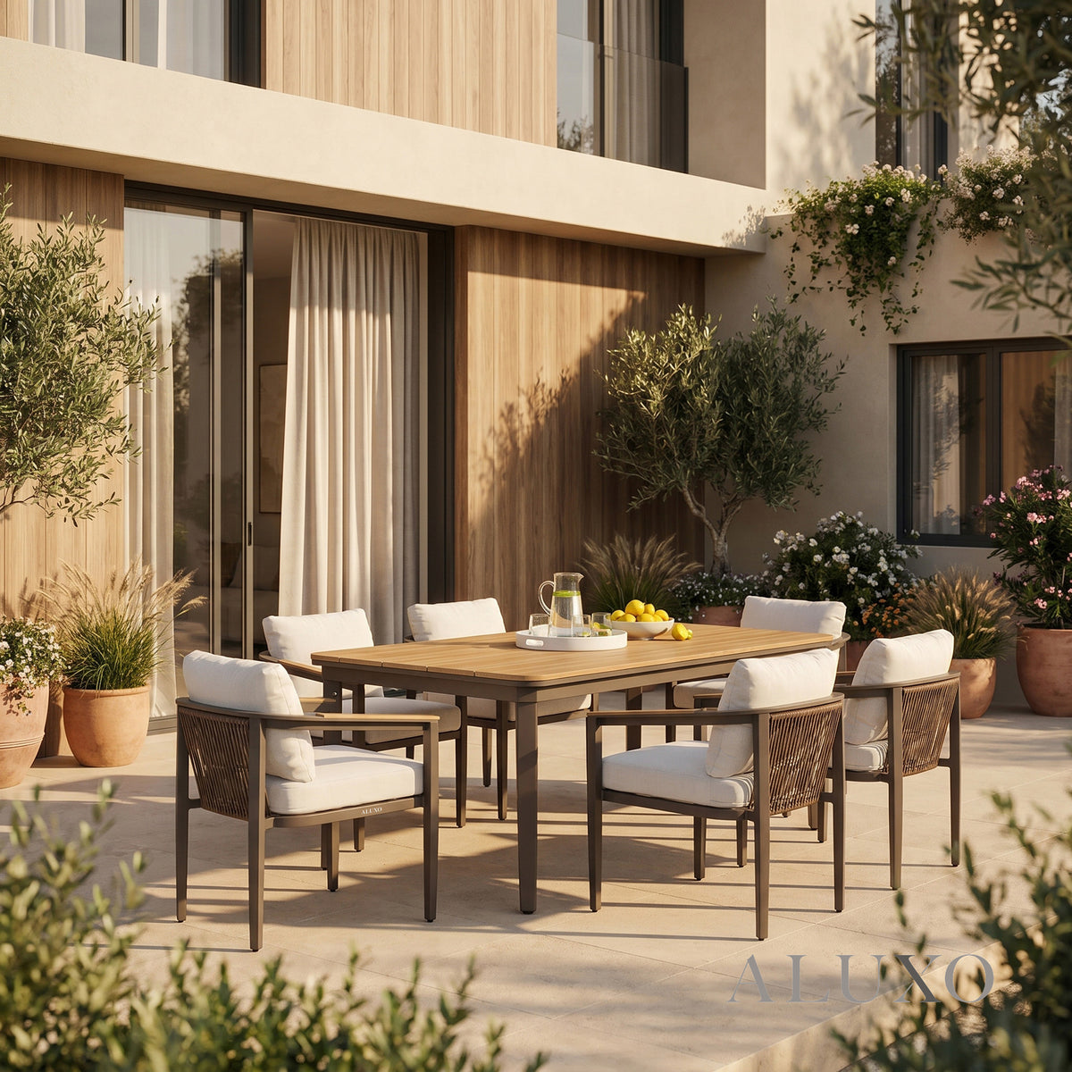 (PRE-ORDER) ALUXO® Hemera 6-Seater Luxury Dining Set – Truffle Aluminium & PS Wood Slat Table