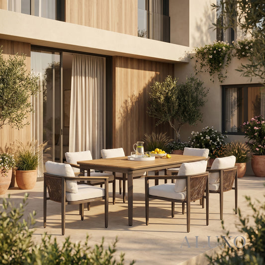 (PRE-ORDER) ALUXO® Hemera 6-Seater Luxury Dining Set – Truffle Aluminium & PS Wood Slat Table