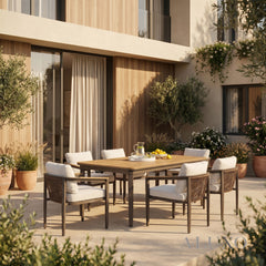 (PRE-ORDER) ALUXO® Hemera 6-Seater Luxury Dining Set – Truffle Aluminium & PS Wood Slat Table