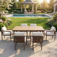 ALUXO® Hemera 6-Seater Luxury Dining Set – Truffle Aluminium & PS Wood Slat Table