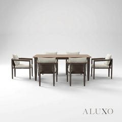 (PRE-ORDER) ALUXO® Hemera 6-Seater Luxury Dining Set – Truffle Aluminium & PS Wood Slat Table