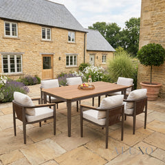 ALUXO® Hemera 6-Seater Luxury Dining Set – Truffle Aluminium & PS Wood Slat Table