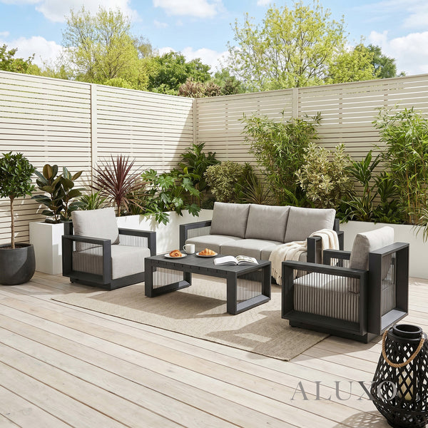 ALUXO® Ikos 5-Seater Luxury Lounge Set – Onyx Architectural Aluminium & Slat Table
