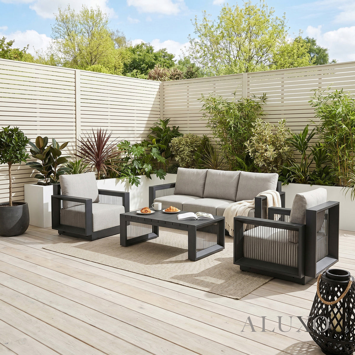ALUXO® Ikos 5-Seater Luxury Lounge Set – Onyx Architectural Aluminium & Slat Table