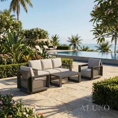 ALUXO® Ikos 5-Seater Luxury Lounge Set – Onyx Architectural Aluminium & Slat Table