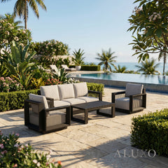 ALUXO® Ikos 5-Seater Luxury Lounge Set – Onyx Architectural Aluminium & Slat Table