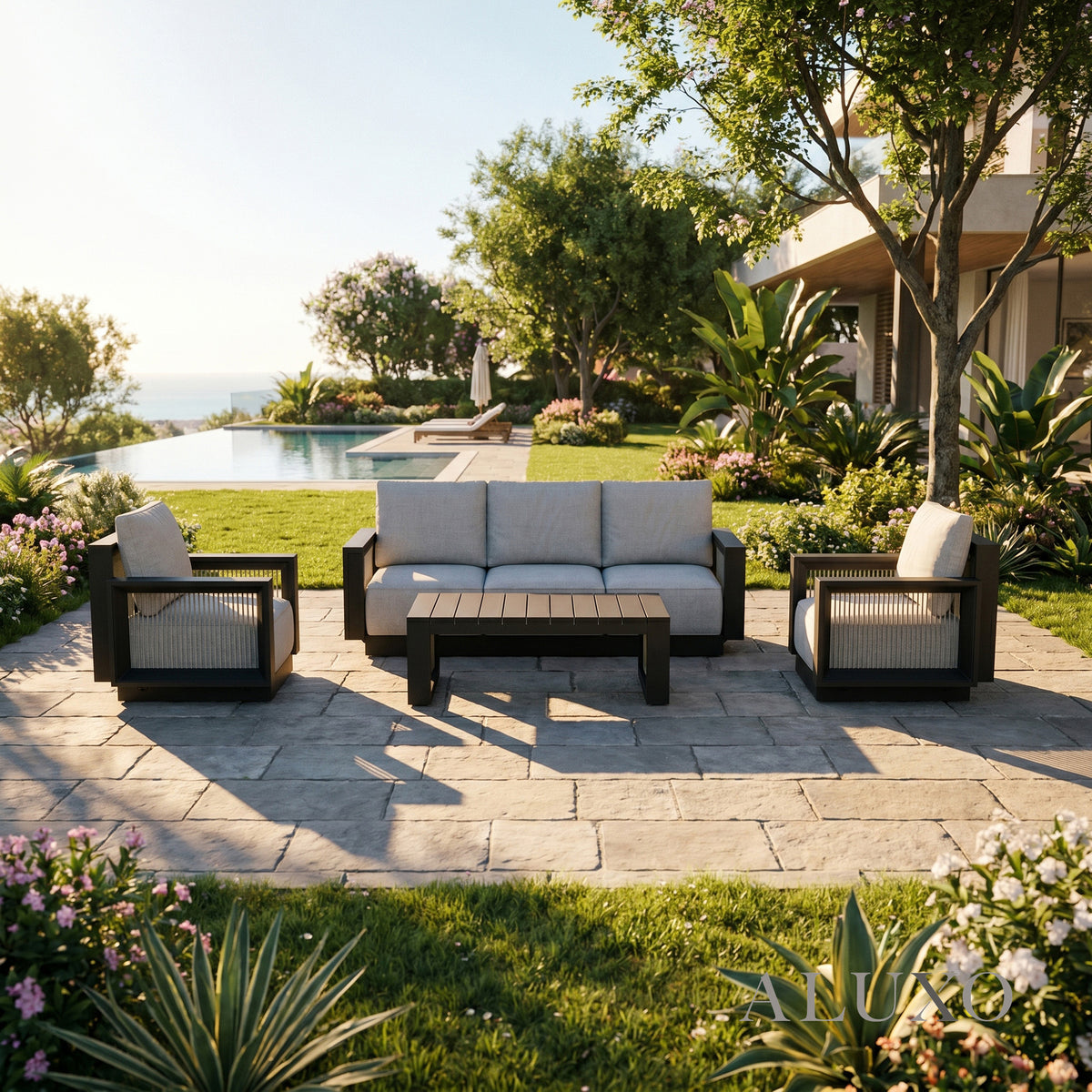 ALUXO® Ikos 5-Seater Luxury Lounge Set – Onyx Architectural Aluminium & Slat Table
