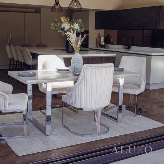 Ivar 1.8m Solid Pine Dining Set – Slimline Wood Table with 4 Olivia Velvet Chairs