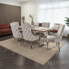 180cm Ivar Light Pine Wood Dining Table with 4/6 Oskar Beige Velvet Chairs