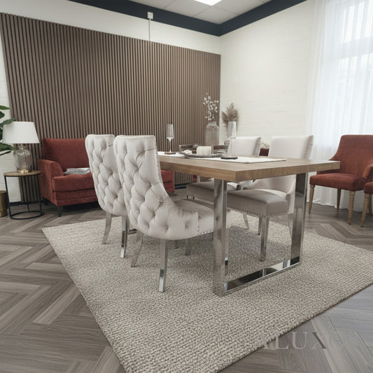 180cm Ivar Light Pine Wood Dining Table with 4/6 Oskar Beige Velvet Chairs