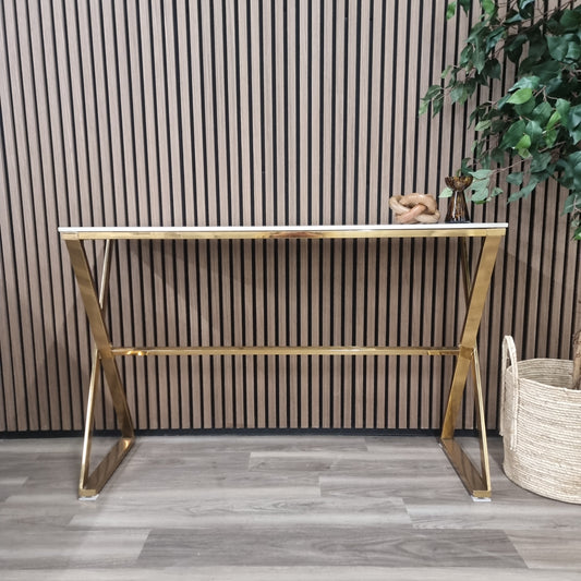 Jiro Gold Console Table with Polar White Sintered Top