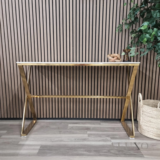 Jiro Gold Console Table – 120x40cm Slim Polar White Sintered Stone Top, Luxury Design