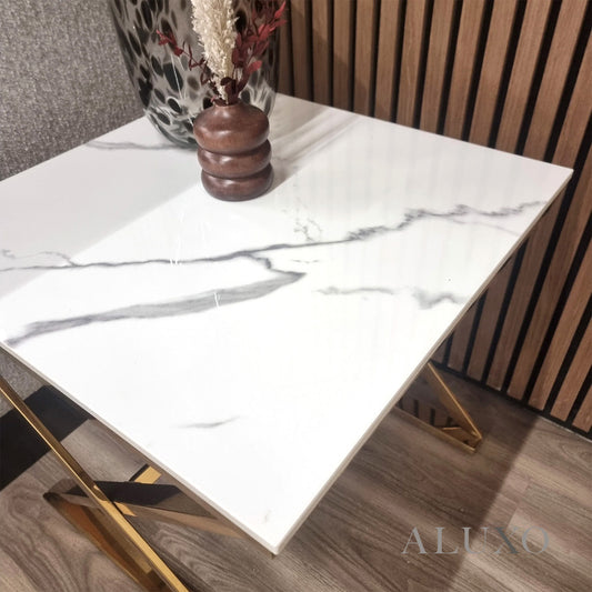 Jiro Gold Lamp End Side Table – 55x55cm Polar White Sintered Stone Top, Modern Luxury