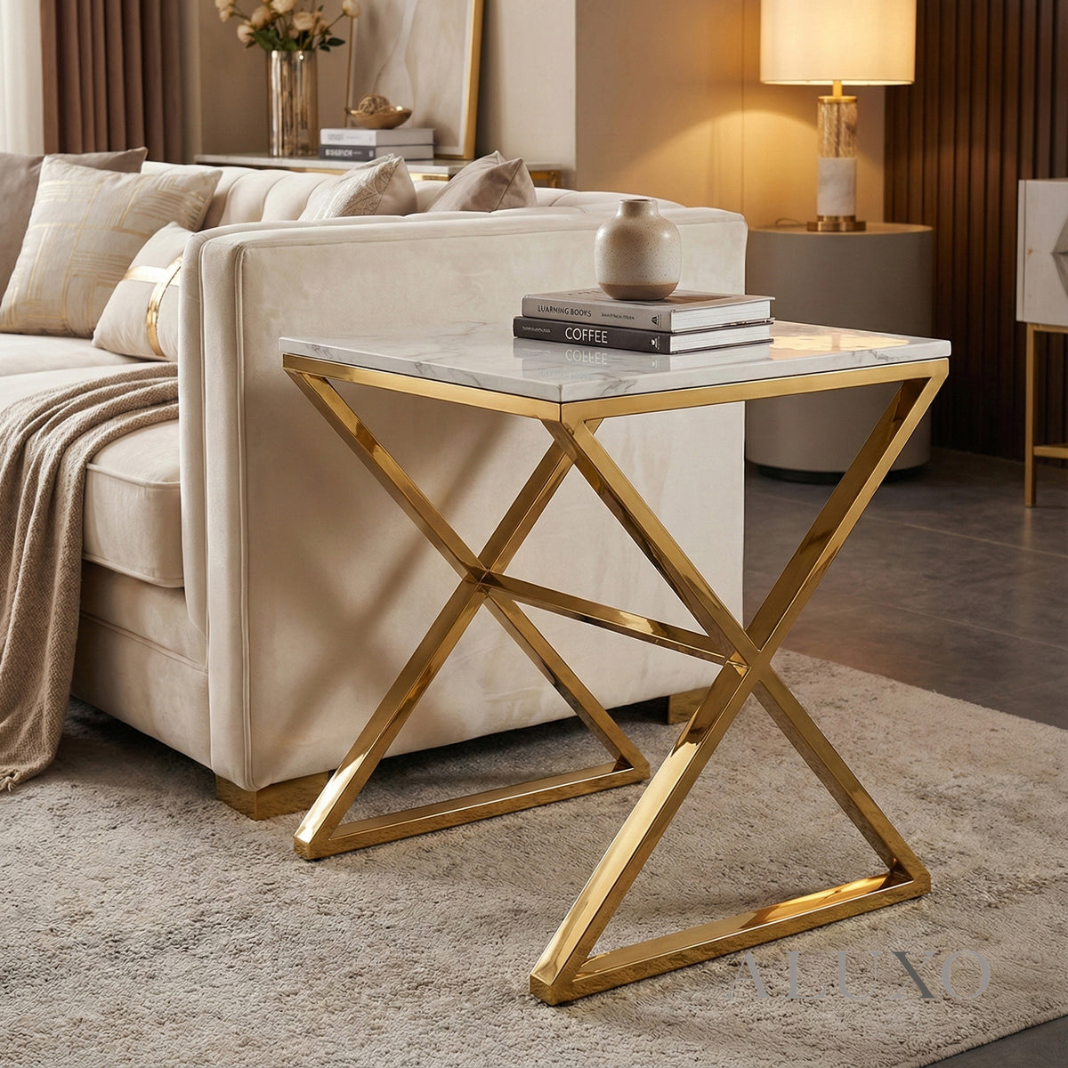 Jiro Gold Lamp End Side Table – 55x55cm Polar White Sintered Stone Top, Modern Luxury