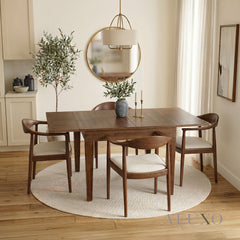 ALUXO® Journey 0.9m-1.8m Extendable Walnut Dining Set – 4-Leg Table with 4 Fern Oatmeal Bouclé Chairs