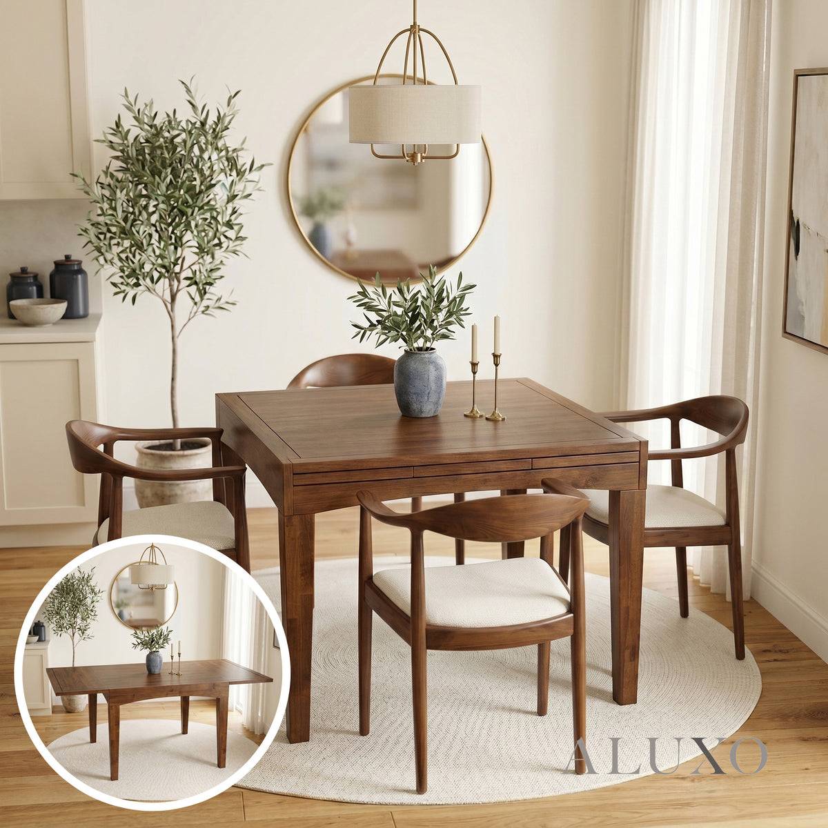 ALUXO® Journey 0.9m-1.8m Extendable Walnut Dining Set – 4-Leg Table with 4 Fern Oatmeal Bouclé Chairs