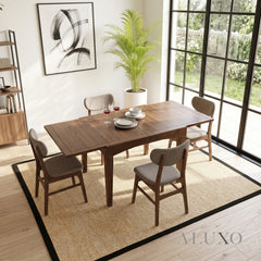 ALUXO® Journey 90-180cm Walnut Dining Set – 4-Leg Extendable Table with 4 Oxford Oatmeal Bouclé Chairs
