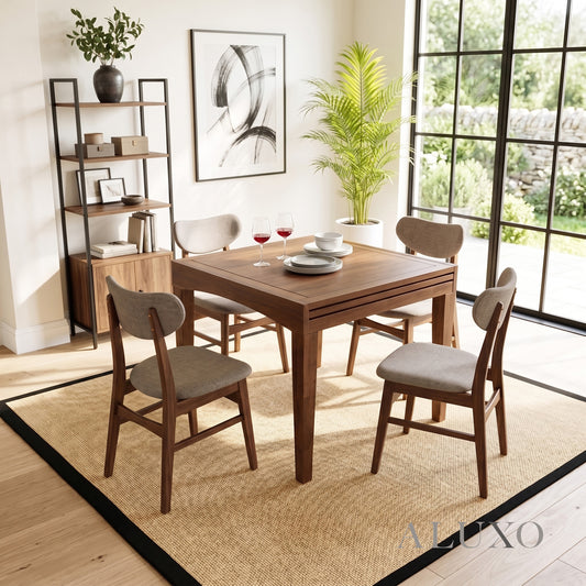 ALUXO® Journey 90-180cm Walnut Dining Set – 4-Leg Extendable Table with 4 Oxford Oatmeal Bouclé Chairs
