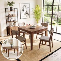 ALUXO® Journey 90-180cm Walnut Dining Set – 4-Leg Extendable Table with 4 Oxford Oatmeal Bouclé Chairs