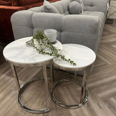 Kaito Nest of 2 Chrome Round Side End Tables – 45/38cm White Sintered Stone Tops, Modern Luxury