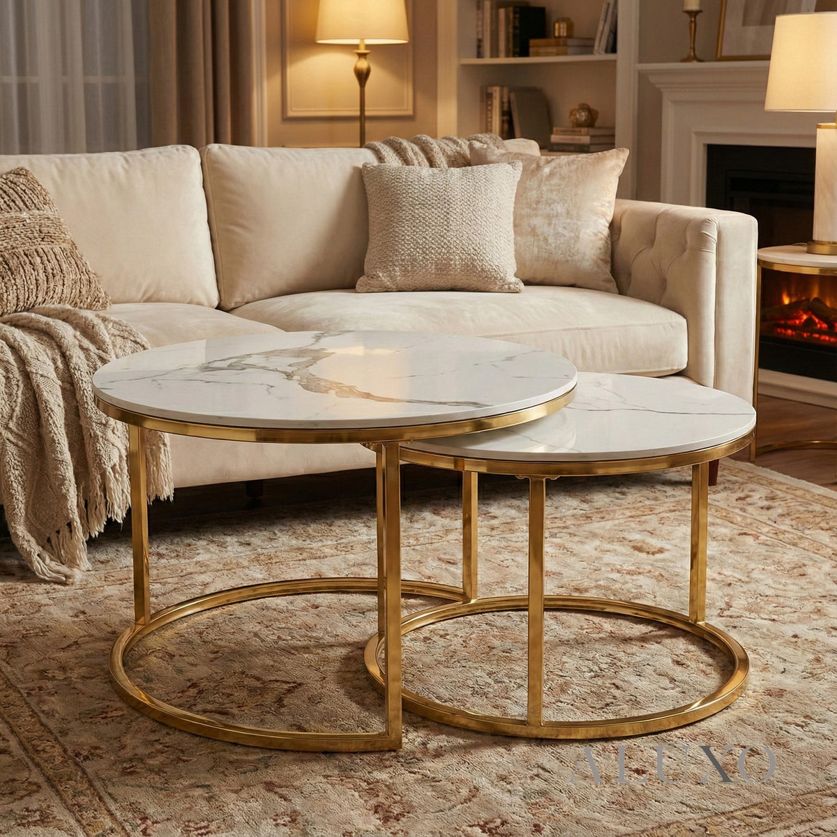 Kaito Nest of 2 Short Round Coffee Gold Tables with Polar White Sintered Stone Tops