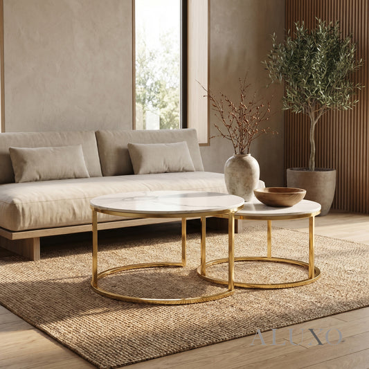 Kaito Nest of 2 Short Round Coffee Gold Tables with Polar White Sintered Stone Tops
