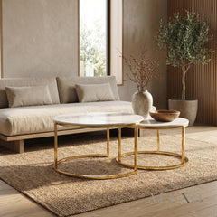 Kaito Nest of 2 Short Round Coffee Gold Tables with Polar White Sintered Stone Tops