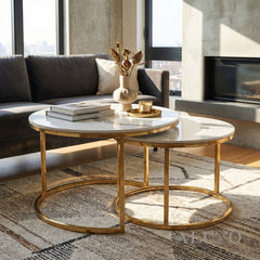 Kaito Nest of 2 Short Round Coffee Gold Tables with Polar White Sintered Stone Tops