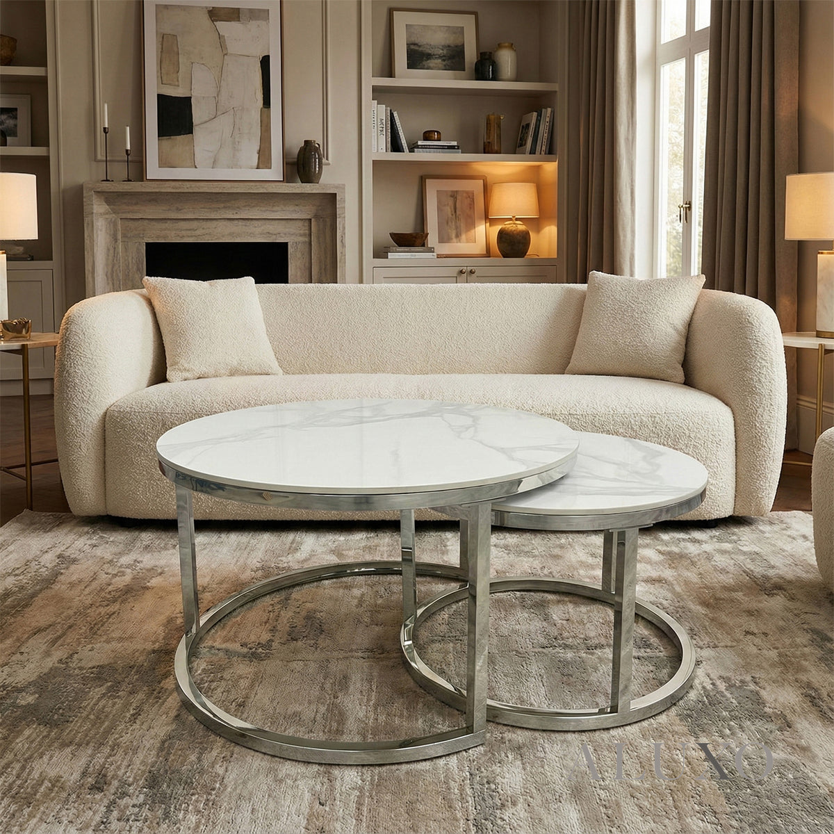 Kaito Nest of 2 Short Round Coffee Silver Tables with Polar White Sintered Stone Tops