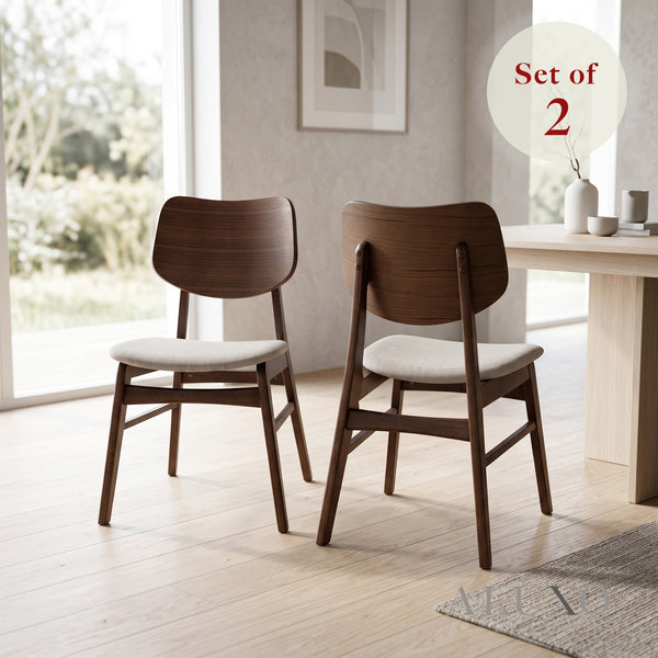 ALUXO® Kingswood Walnut Curved Wood Dining Chair in Oatmeal Bouclé – Set of 2