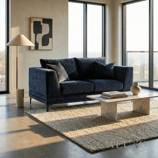 ALUXO® Lenox 2 Seater Compact Sofa – Aegean Blue Mermaid Velvet | Mid-Century Modern