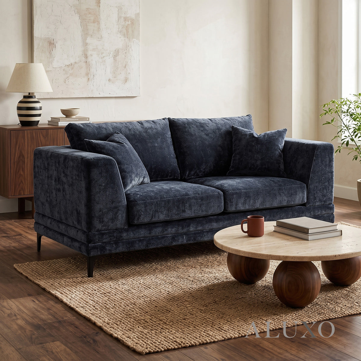 ALUXO® Lenox 2 Seater Compact Sofa – Aegean Blue Mermaid Velvet | Mid-Century Modern