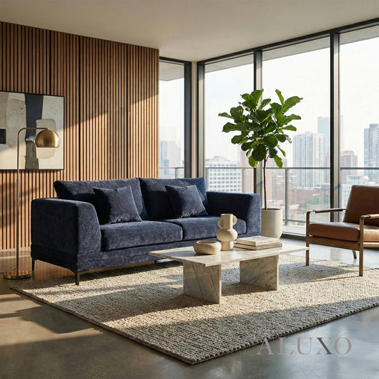 ALUXO® Lenox 3 Seater Sofa – Aegean Blue Mermaid Velvet | Mid-Century Modern