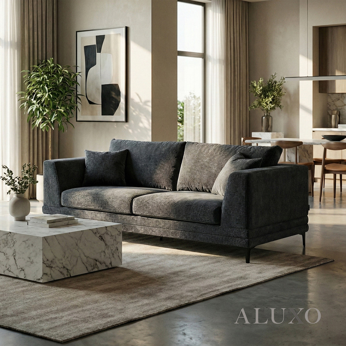 ALUXO® Lenox 3 Seater Sofa – Steel Grey Velvet | Mid-Century Modern