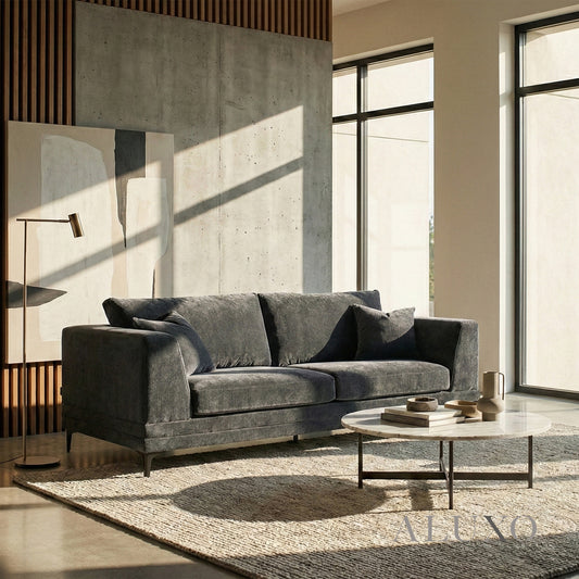 ALUXO® Lenox 3 Seater Sofa – Steel Grey Velvet | Mid-Century Modern