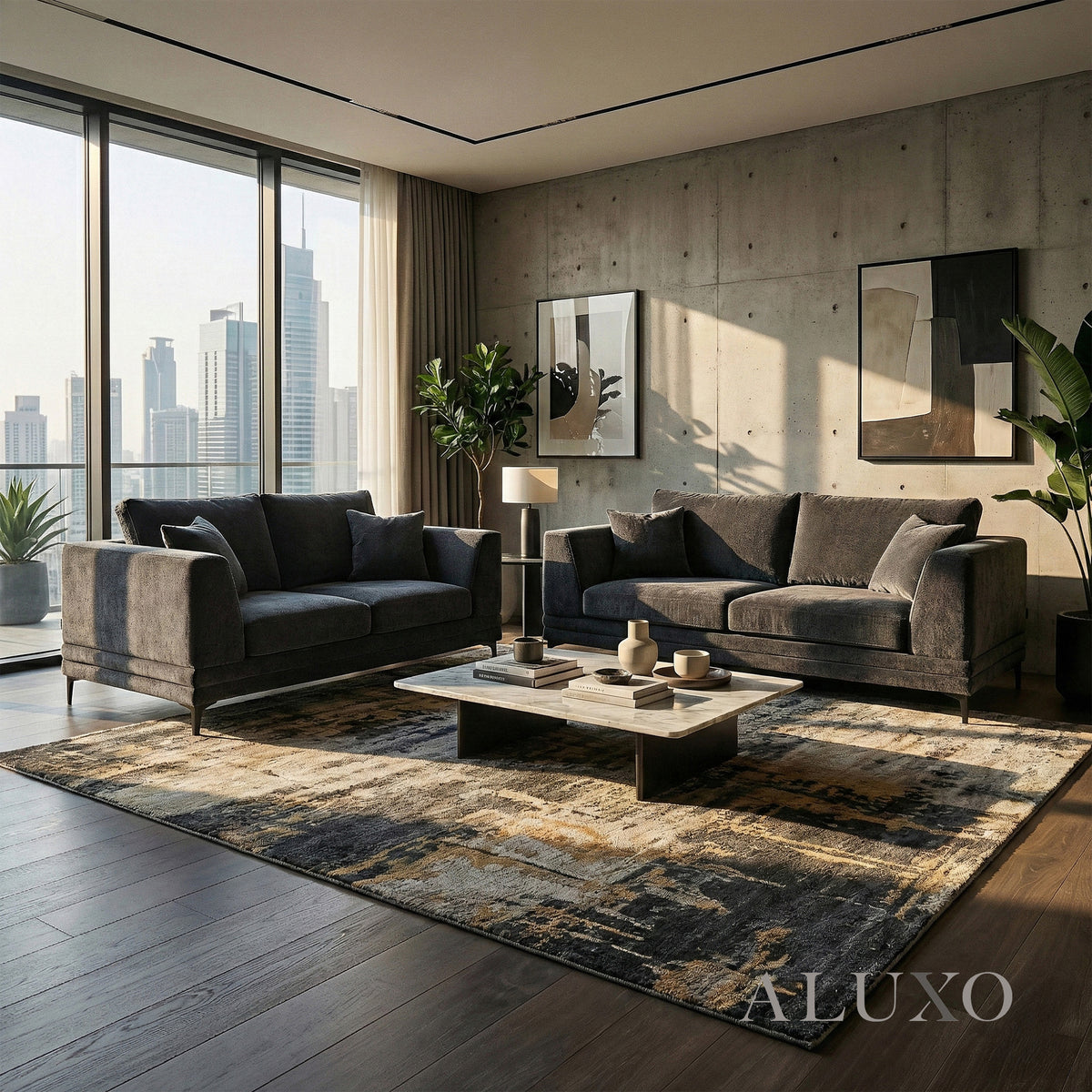 ALUXO® Lenox 3+2 Seater Sofa Set – Steel Grey Velvet | Mid-Century Modern