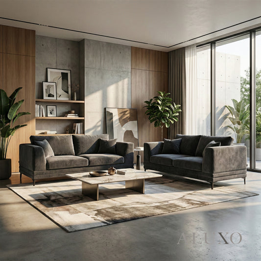 ALUXO® Lenox 3+2 Seater Sofa Set – Steel Grey Velvet | Mid-Century Modern