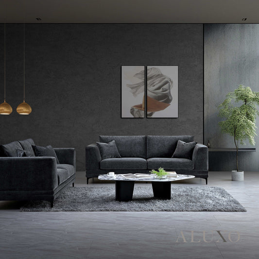 ALUXO® Lenox 3 & 2 Seater Sofa – Steel Grey Velvet | Mid-Century Modern Comfort