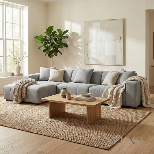 ALUXO® Leonard Left Hand Facing (LHF) Corner Sofa – Cloudy Grey Bouclé