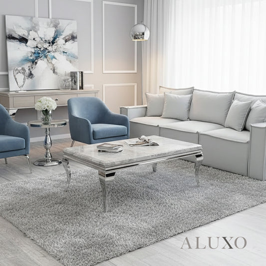 Linus 130cm Chrome Coffee Table with Light Grey Marble Top – Curved Leg Design