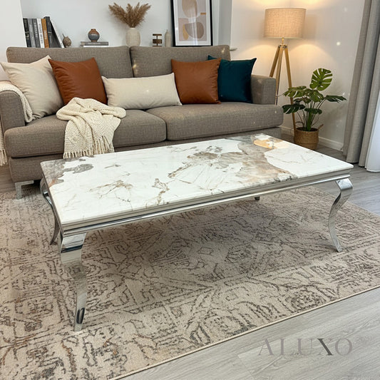 Linus 130cm Chrome Coffee Table with Cream Marble Top – Curved Leg Design
