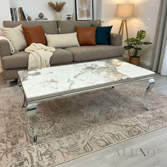 Linus 130cm Chrome Coffee Table with Cream Marble Top – Curved Leg Design