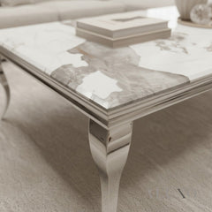 Linus 130cm Chrome Coffee Table with Cream Marble Top – Curved Leg Design