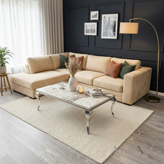 Linus 130cm Chrome Coffee Table with Cream Marble Top – Curved Leg Design