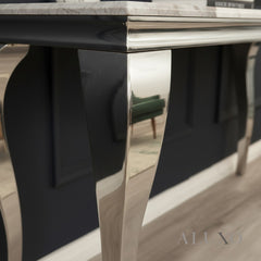 Linus Chrome Console Table – 140x40cm Cream Marble Top, Stainless Steel Legs