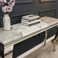 Linus Chrome Console Table – 140x40cm Cream Marble Top, Stainless Steel Legs