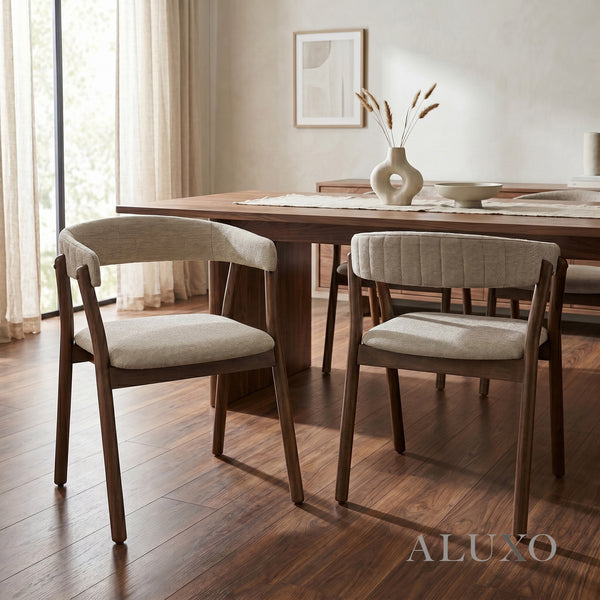 ALUXO® Linus Walnut Wraparound Dining Chair in Oatmeal Bouclé – Set of 2