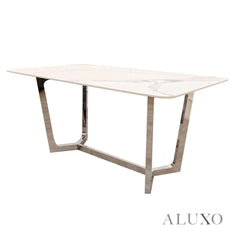 Loki 1.6m White Sintered Stone Chrome Dining Table with 4 Oskar Dark Grey Velvet Chairs